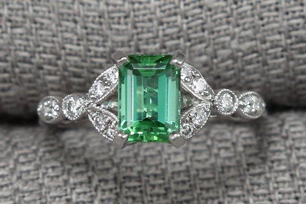 Green Tourmaline with diamond engagement ring