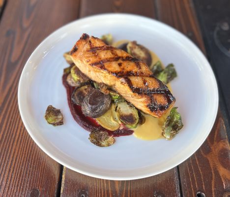 Cider Glazed Grilled Salmon* [gf] roasted brussels sprouts, fingerling potatoes, butternut cream, beet puree