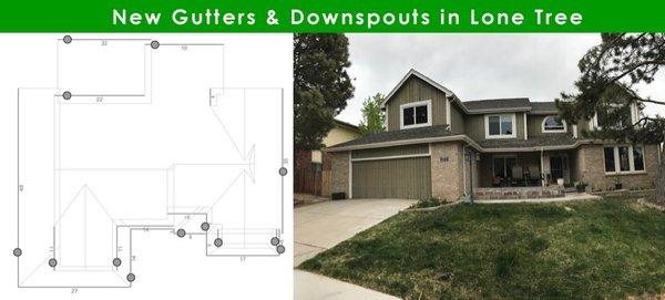 Home diagram during the gutter planning process - and after we finished the job!