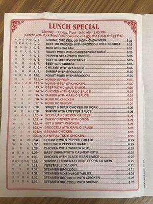 Lunch Special menu