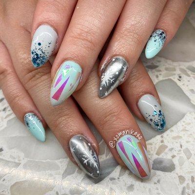 Hard gel extension with chrome, Mylar, glitter, art