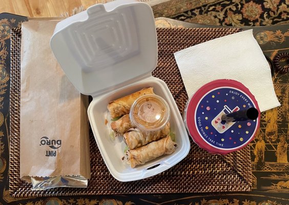 My to go order: Banh Mi 5 Spices Chicken, Vietnamese Egg Rolls, Thai Boba Tea