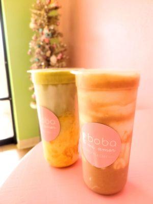 Matcha Mango Latte + Egg Pudding /  Taro Latte + extra Taro