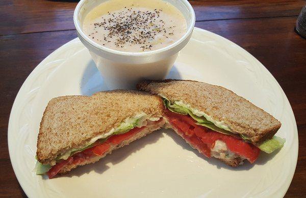 Homemade chicken salad and potato soup, delicious.