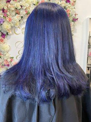 Complete hair transformation: Blue balayage, cut, and style by Bushra