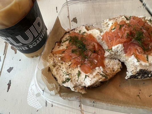 Smoked salmon bagel and iced Doncaster