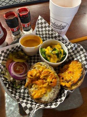 Grand slam 12oz patty with crawfish tails side off extra cheesy broccoli