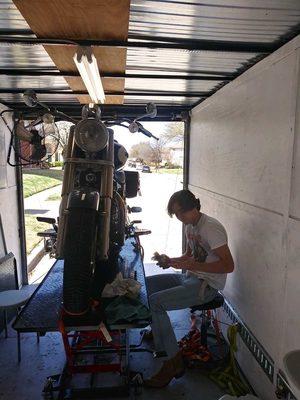 Great mobile setup, no mess or noise in the garage, just pulled the bikes to the front and let them get to it.