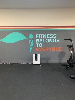 "Fitness Belongs to Everyone." Heck yes. (Also: sample station with air filter.)