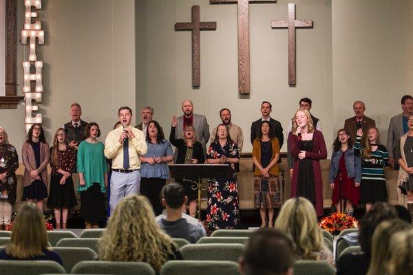 Worship team backed by the Greater Heights choir.