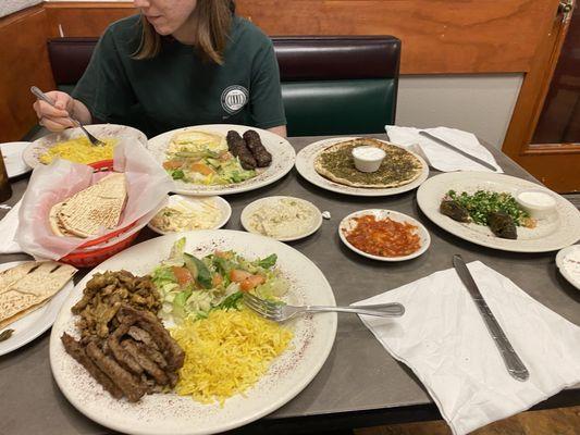 Sahara's Sample Appetizer, Kufta Kabob, Half and Half, Zaatar Bread,