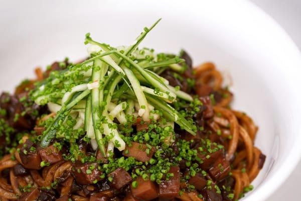 Jja Jang Myun - korean-chinese style noodles. pork belly black bean sauce. nuoc mam dressed cucumber. chives