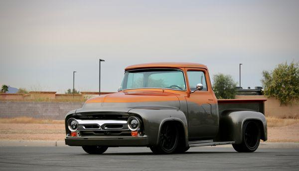 1956 Ford F100 with a 5.0 Coyote swap and a Roush supercharger, making 675hp.