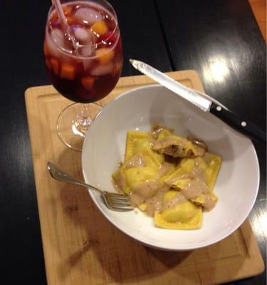 Sweet potato, raisin and walnut ravioli with Gorgonzola pear dressing!