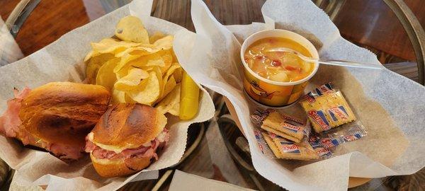 Ham n cheese sandwich  and chicken noodle soup. Yummy