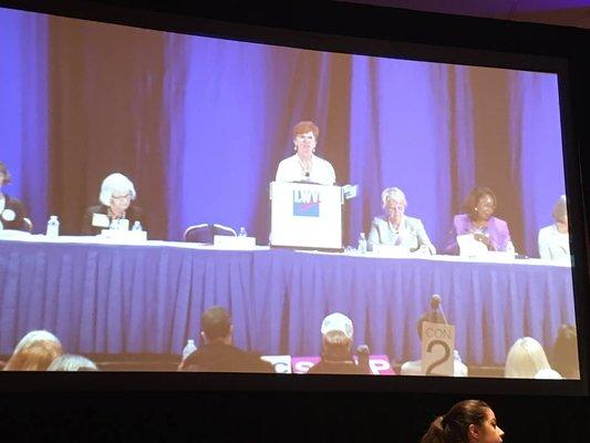 National League of Women Voters Biennial convention. The League stands on vertical "positions" to make comments or advocate for events.