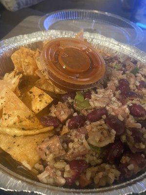 Dirty Beans with Freshly Fried Tortilla Chips w/ Nujac sauce