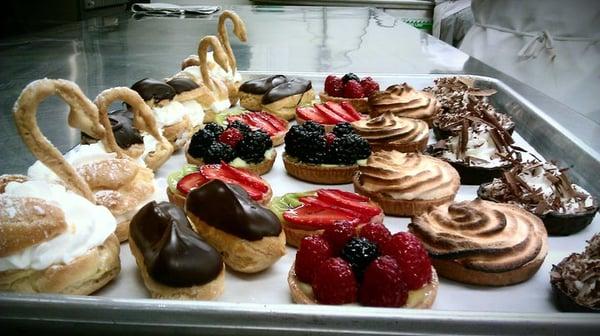 Fruit tart, eclairs, pate a choux, chocolate tart