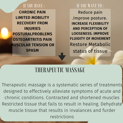 Therapeutic Massage: 
 we use modality like myofascial release, trigger point therapy & deep tissue to work on specific areas if need it.