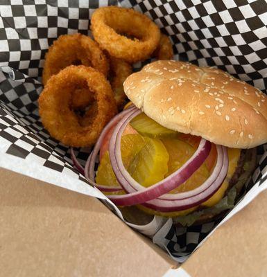 Onion rings or french fries included with the burgers. Great price for all the food.