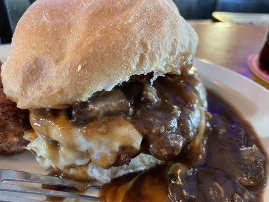 Mushroom and Swiss burger with gravy