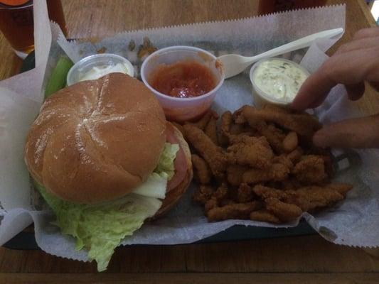 Buffalo chicken sandwich and clam strips