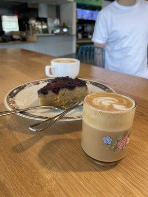 Cortado, olive oil cake topped with blueberries (they mill their own flour in the back), cappuccino