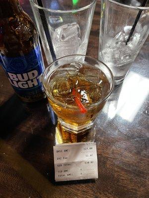 Yikes! $30.02 for a Bud Light, Jack and Coke-ish, and two sparkling waters.