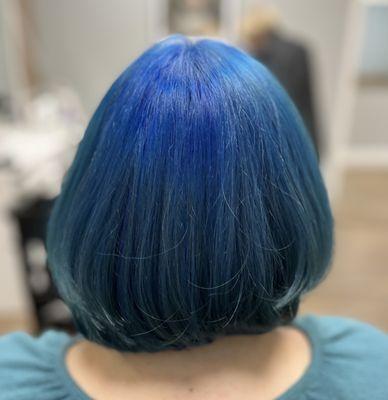 Client came in as a chocolate brown shoulder length. Left as a briliant blue hue, by Bobbie