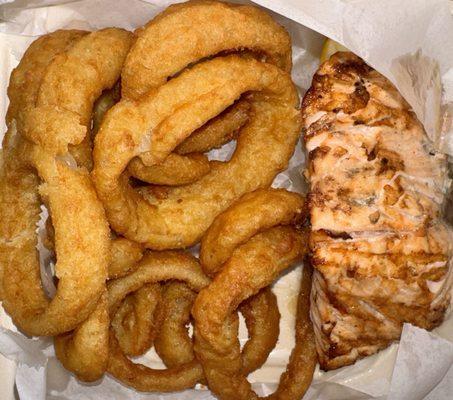 Grilled Salmon Dinner with Onion Rings