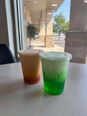 Iced Thai tea and green cream soda