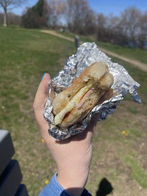 English muffin breakfast sandwich with Canadian bacon and Tabasco mayonnaise