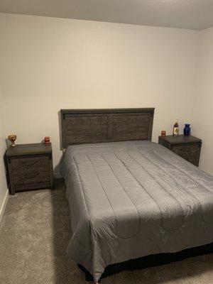 Headboard, nightstands, mattress, and box springs