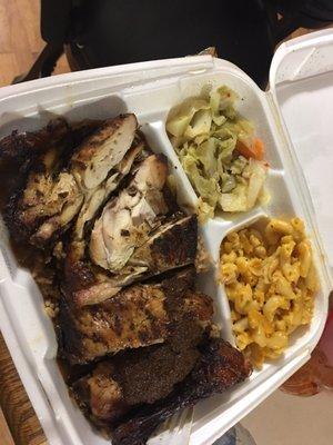 Jerk, beans-n-rice with 2 sides cabbage and Mac cheese