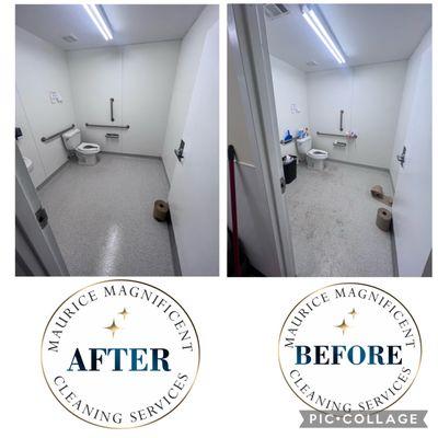 This is a sparkling before and after photo of a commercial bathroom cleaning.