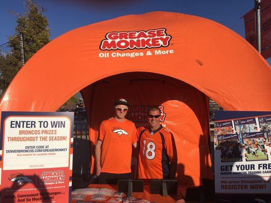 Stop by our Football Toss at the Denver Broncos Official Tailgate at any home game for prizes and FUN! GO Broncos!    Grease Monkey friends.