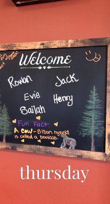 Welcome board for Jacks first visit!