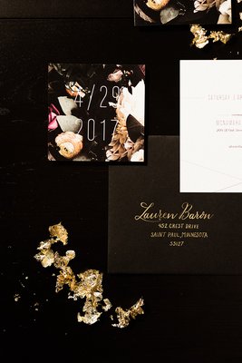 Geometric Florals gold calligraphy address envelope and save the date