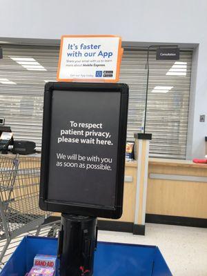 Saturday, June 29, 2019: sign at line for pharmacy.