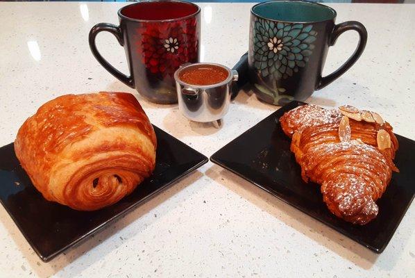 Chocolate Croissant made with Belgium chocolate and Almond Croissant featuring 36 buttery layers.  Proudly serving Colectivo Coffee.