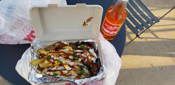 Jerk Chicken & Fries with Solo Banana Soda!