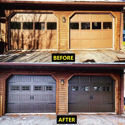 brown residential garage door before and after