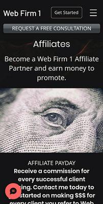 Web Firm 1 promotional flyer for the affiliate program. www.webfirm1.com/affiliate