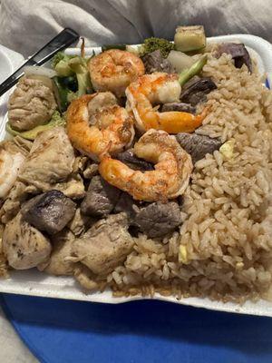 Chicken, steak, and shrimp hibachi.