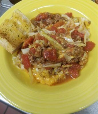 Beef and cabbage casserole with garlic bread.