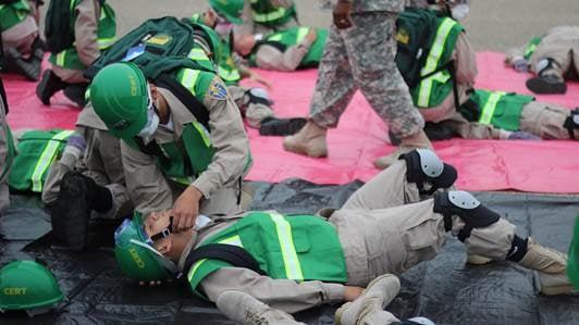 Students in the Altus branch of the CA Cadet Corps at Community/Campus Emergency Response Team (CERT) training at Camp San Luis Obispo.