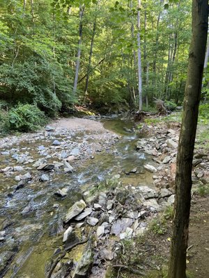 Follow the path along the river