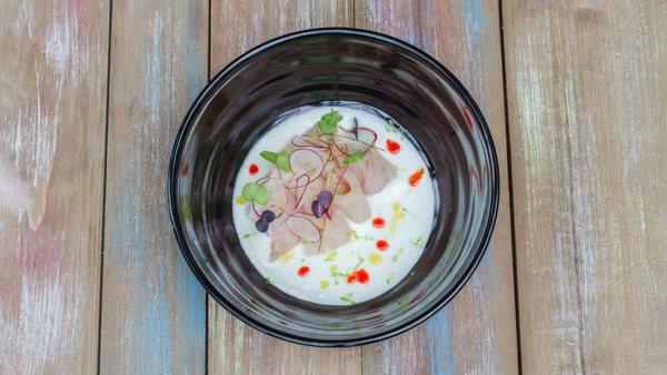 Hamachi Crudo, Kinilaw coconut citrus dressing, radish, rice cracker