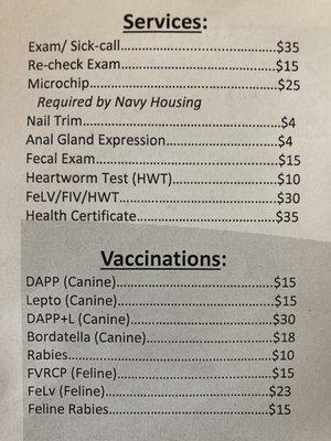 Prices for services at Vet