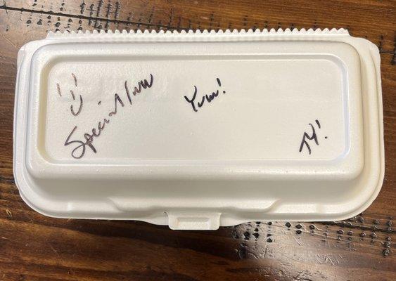 My carry out container with sweet notes!